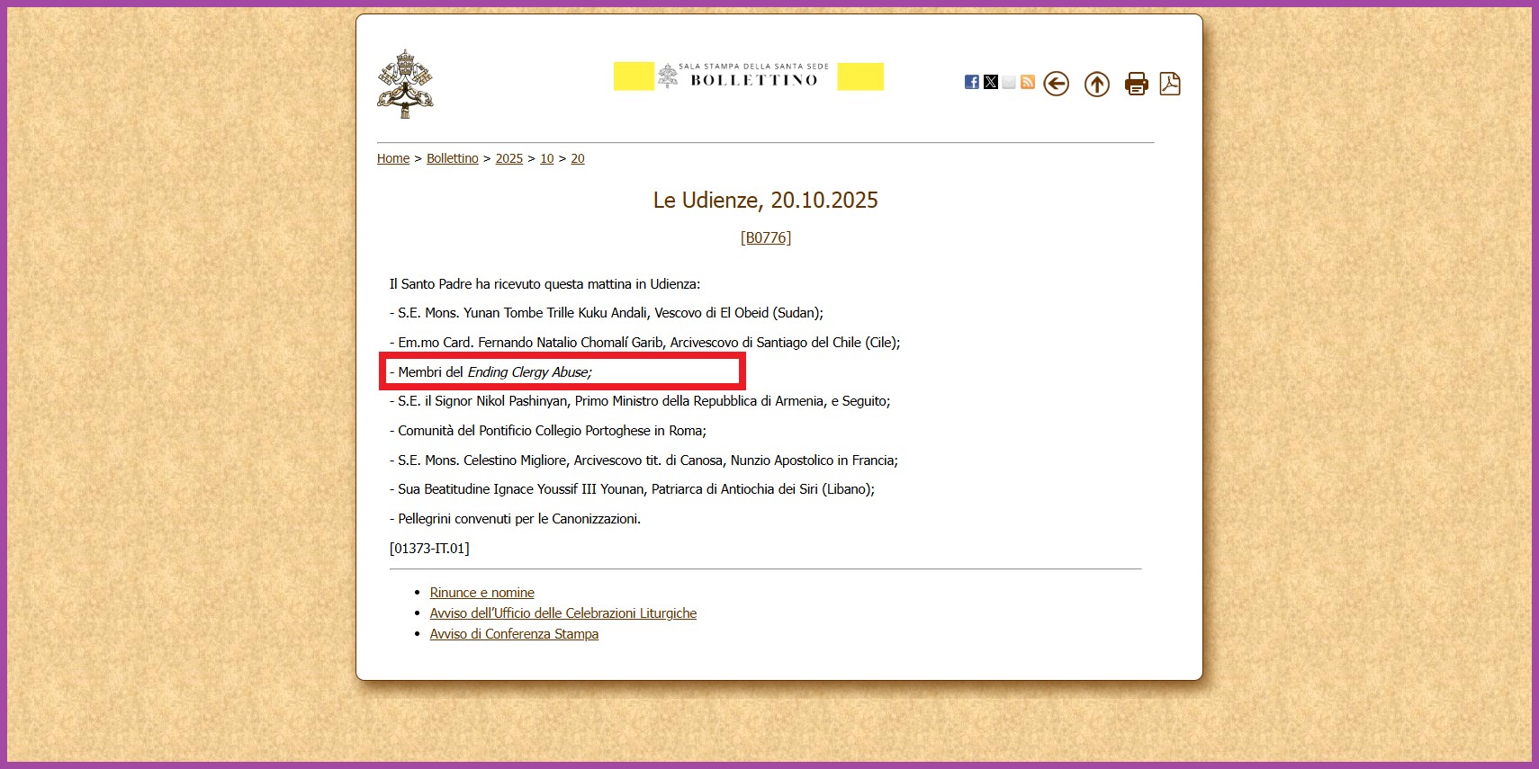 Captura de pantalla de la versión italiana del Bollettino. Captura de pantalla de la versión italiana del Bollettino.