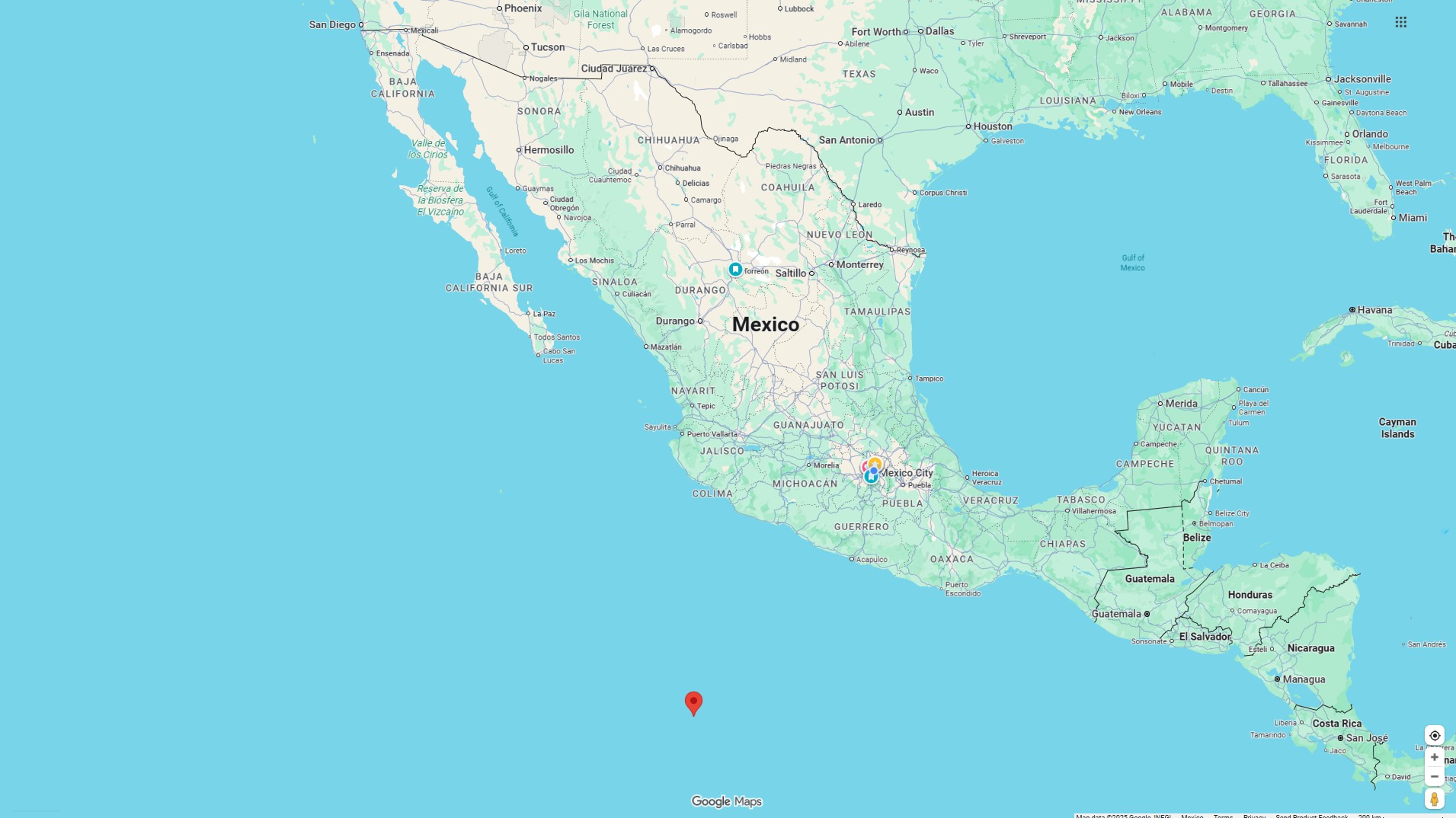 El mapa identifica el punto dado como referencia por el mensaje de la Secretaría de Marina-Armada de México en 12.15º Latitud Norte, 104.81º Latitud Oeste. Mapa base Google Maps. El mapa identifica el punto dado como referencia por el mensaje de la Secretaría de Marina-Armada de México en 12.15º Latitud Norte, 104.81º Latitud Oeste. Mapa base Google Maps.