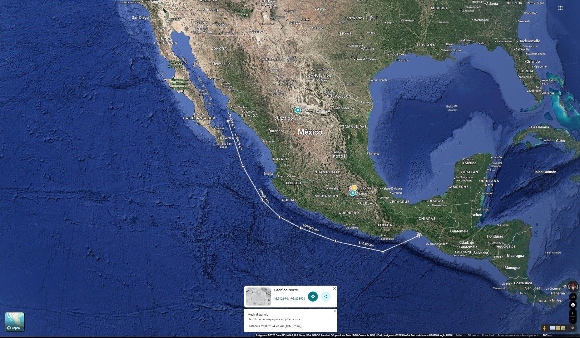 Mapa de la costa del Pacífico mexicana con una medición estimada de la distancia entre Chiapas y Sinaloa. Mapa de Google Maps. Mapa de la costa del Pacífico mexicana con una medición estimada de la distancia entre Chiapas y Sinaloa. Mapa de Google Maps.