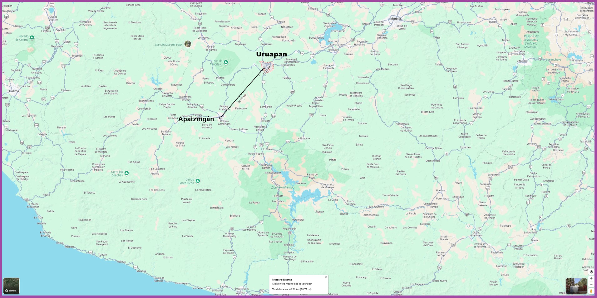 La ubicación de Uruapan y Apatzingán en Michoacán, México. Mapa base de Google Maps.