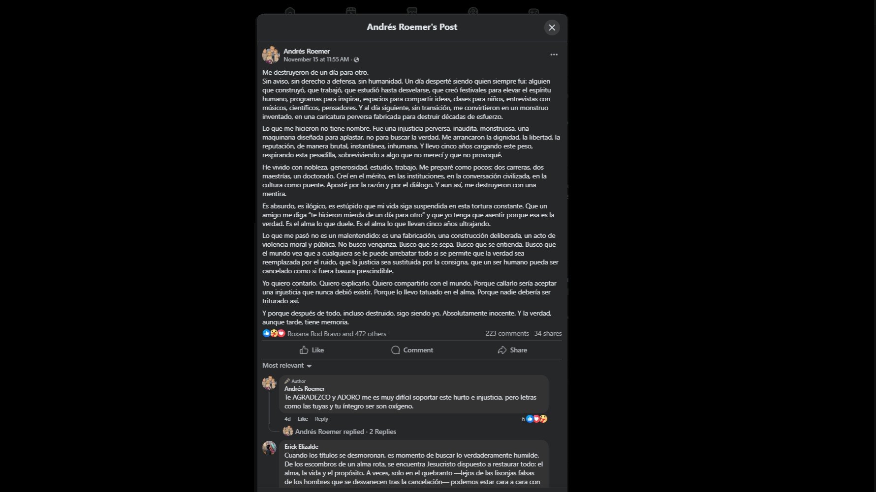 El mensaje de Roemer como apareció originalmente en Facebook el 15 de noviembre de este año. El mensaje de Roemer como apareció originalmente en Facebook el 15 de noviembre de este año.
