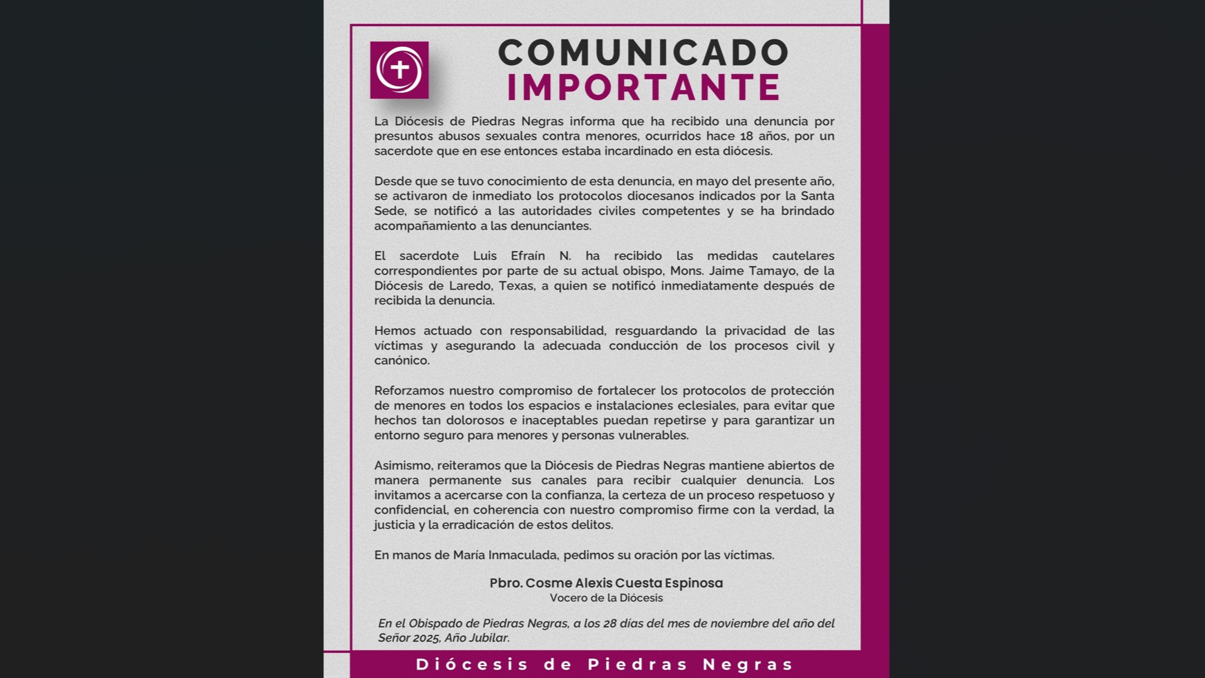 El comunicado de la diócesis de Piedras Negras como se publicó el 28 de noviembre de 2025.