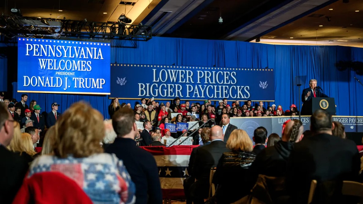 President Donald Trump at a rally in the Poconos, Pennsylvania, where he asked for immigrants from Sweden, Norway, and Denmark, December 10, 2025. Official White House photograph. 