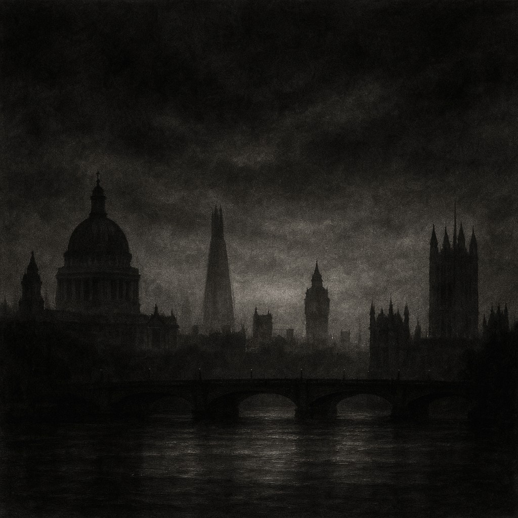 AI-generated illustration (MS365) of the London skyline, featuring Saint Paul's Cathedral and other historic landmarks. 
