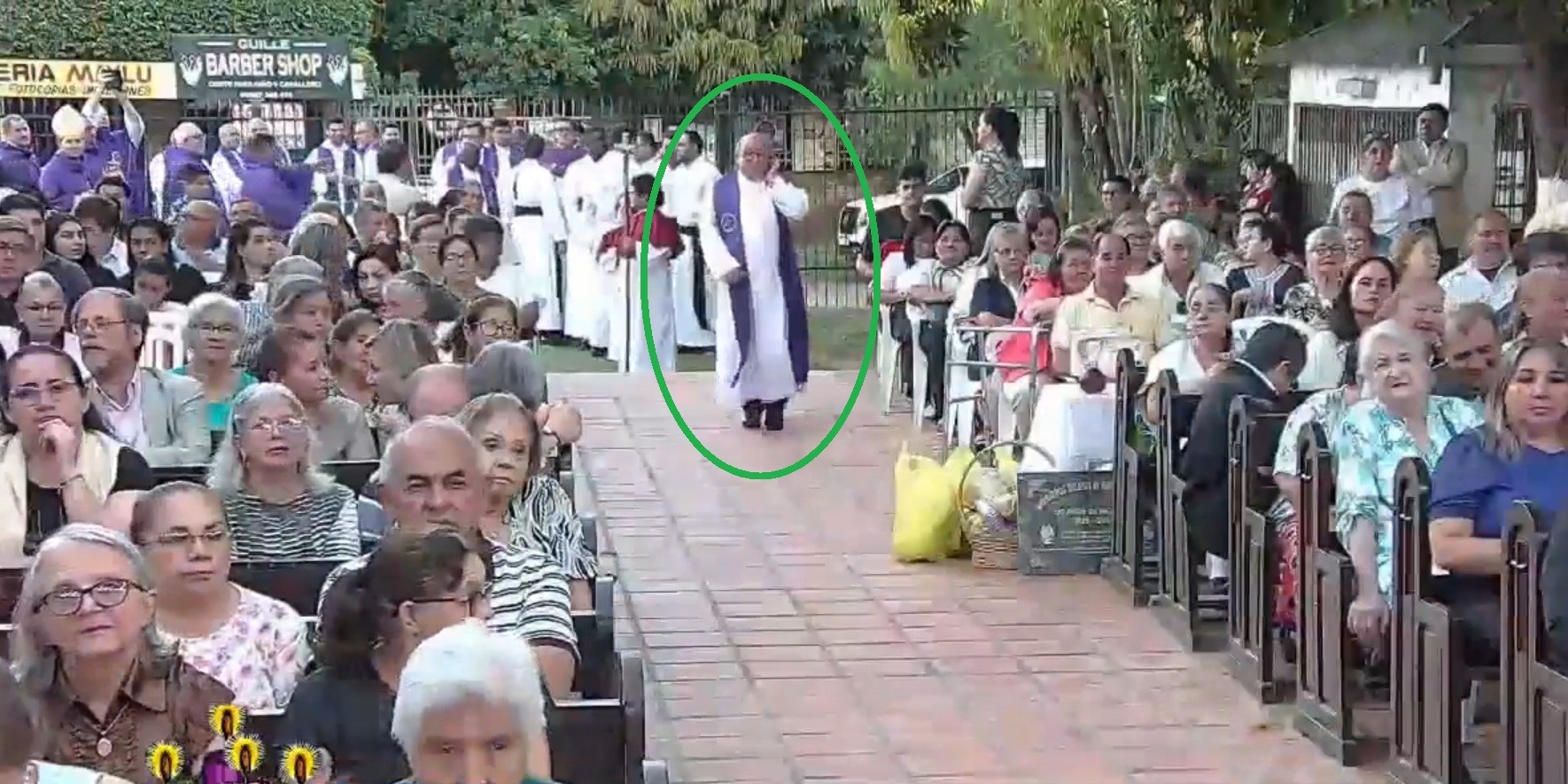 Minutes before the start of the Mass for the centenary of the Oblates of Mary Immaculate in Paraguay, Rafael López Fleitas (circled in green) appears vested in an alb and purple stole, December 13, 2025. Oblates of Mary Immaculate social media. 