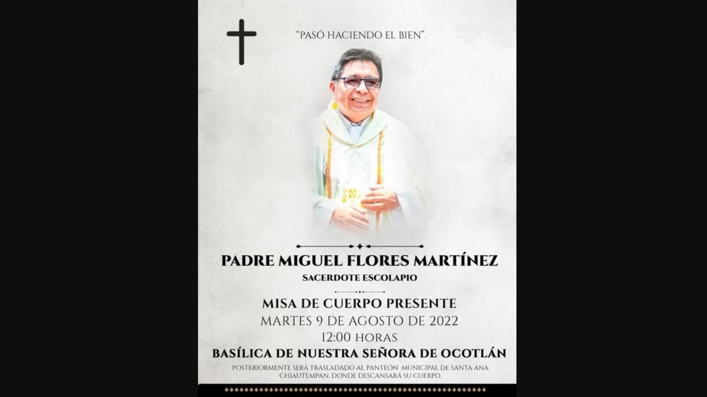 Death notice for Miguel Flores Martínez as distributed via social media and in Tlaxcala, Mexico. He is identified as 
