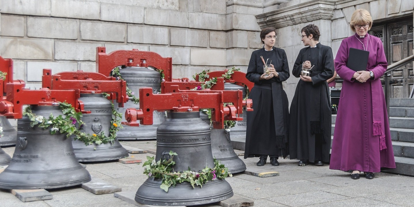 Sarah Mullally, then-bishop of London, in purple cassock, during the blessing of a set of bells for Saint Paul's Cathedral, October 11, 2021. From the Cathedral's Facebook account. 