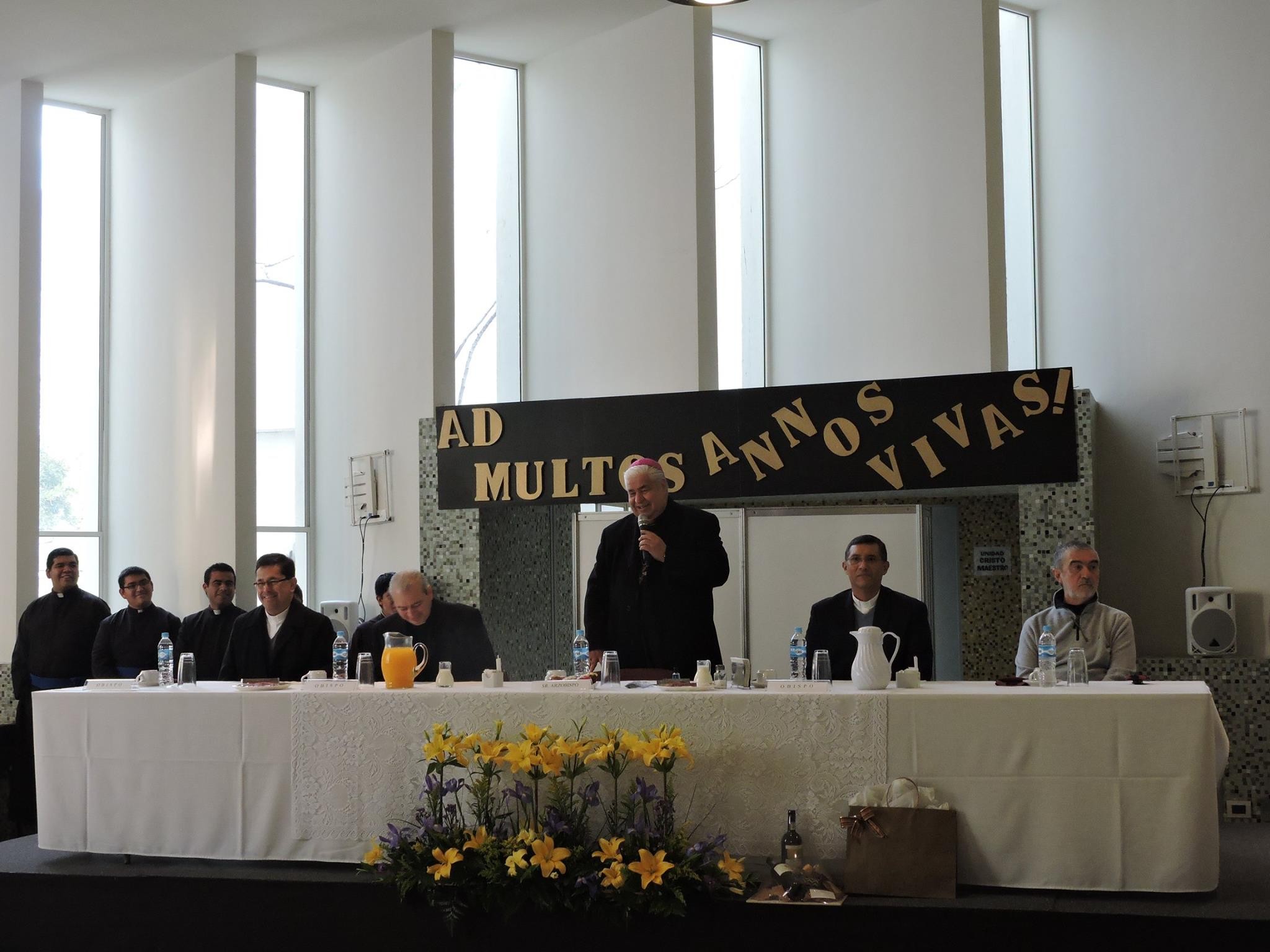 Archbishop Rogelio Cabrera López celebrates his birthday at the Monterrey seminary refectory, January 24, 2015. From the social media of the archdiocese of Monterrey. 