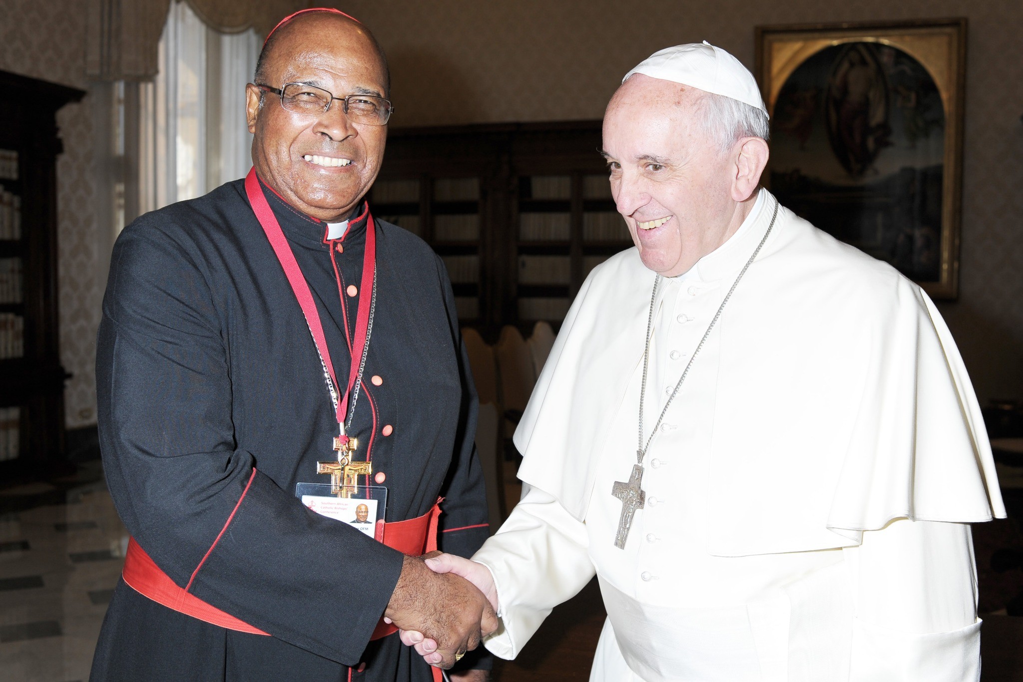 Pope Francis greets Cardinal Wilfrid Fox Napier in Rome. Picture published in 2018 by the Catholic archdiocese of Durban on its Facebook account. 