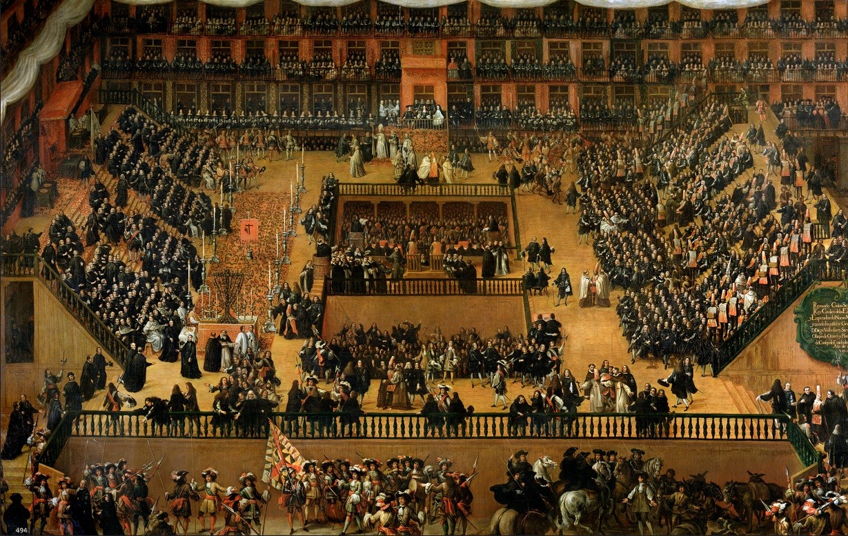 Auto de fe in the Plaza Mayor (Main Square) of Madrid, oil painting by Francisco Rizi, 1638. From the Museo del Prado collection. Image taken from Wikimedia @ www.es.wikipedia.org/wiki/Auto_de_fe_en_la_plaza_Mayor_de_Madrid. Auto de fe en la Plaza Mayor de Madrid, óleo de Francisco Rizi, 1638. De la colección del Museo del Prado. Imagen de Wikimedia @ www.es.wikipedia.org/wiki/Auto_de_fe_en_la_plaza_Mayor_de_Madrid.