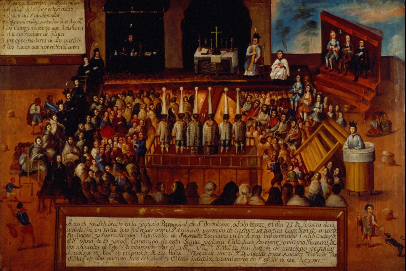 An Auto de fe or Act of faith at the township of San Bartolomé Otzolotepec, current State of Mexico, Mexico, 1716. Mexican National Museum of Arts @ www.munal.emuseum.com/objects/326/un-auto-de-fe-en-el-pueblo-de-san-bartolome-otzolotepec 