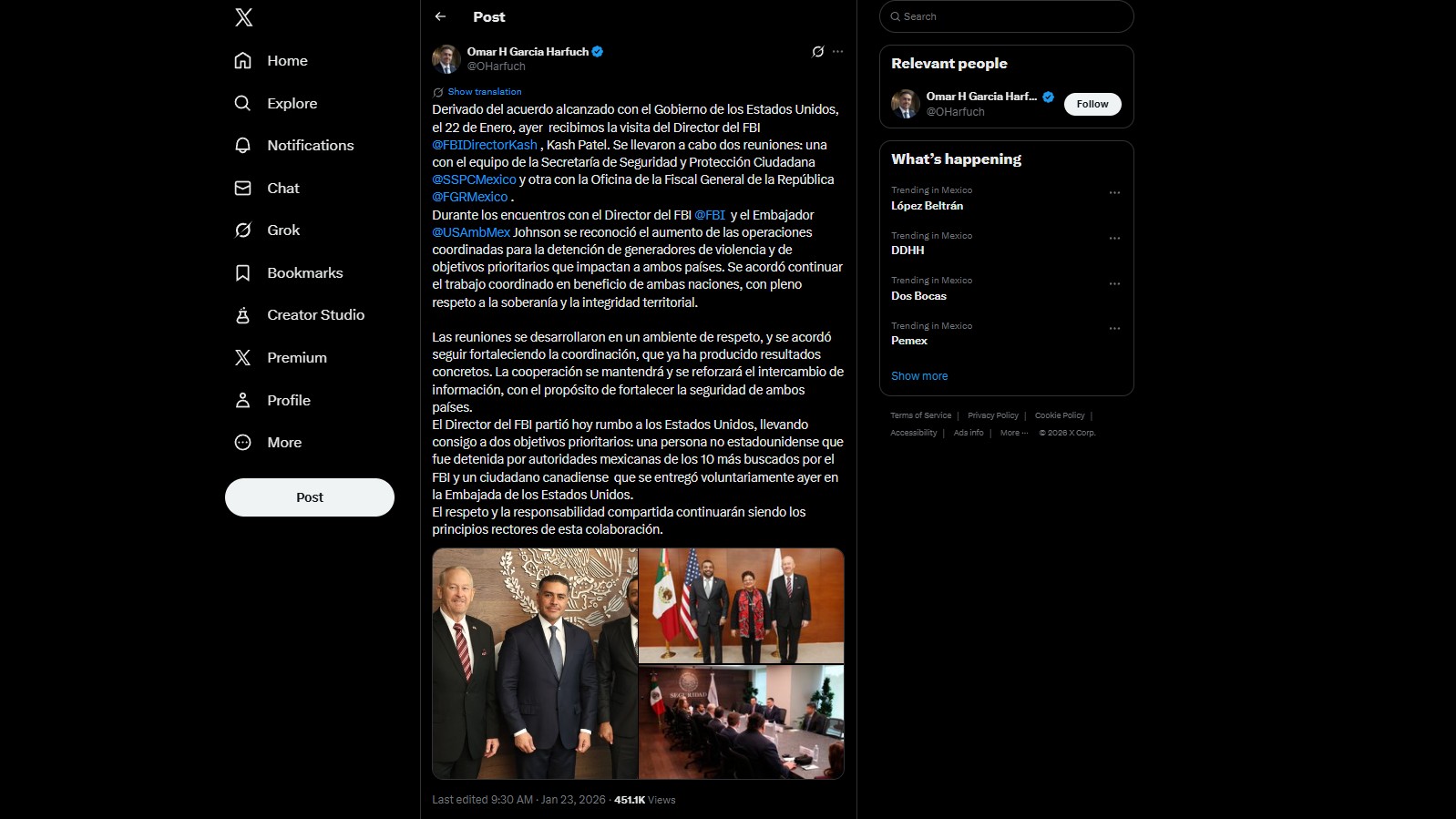 Captura de pantalla de la cuenta de redes sociales de García Harfuch.