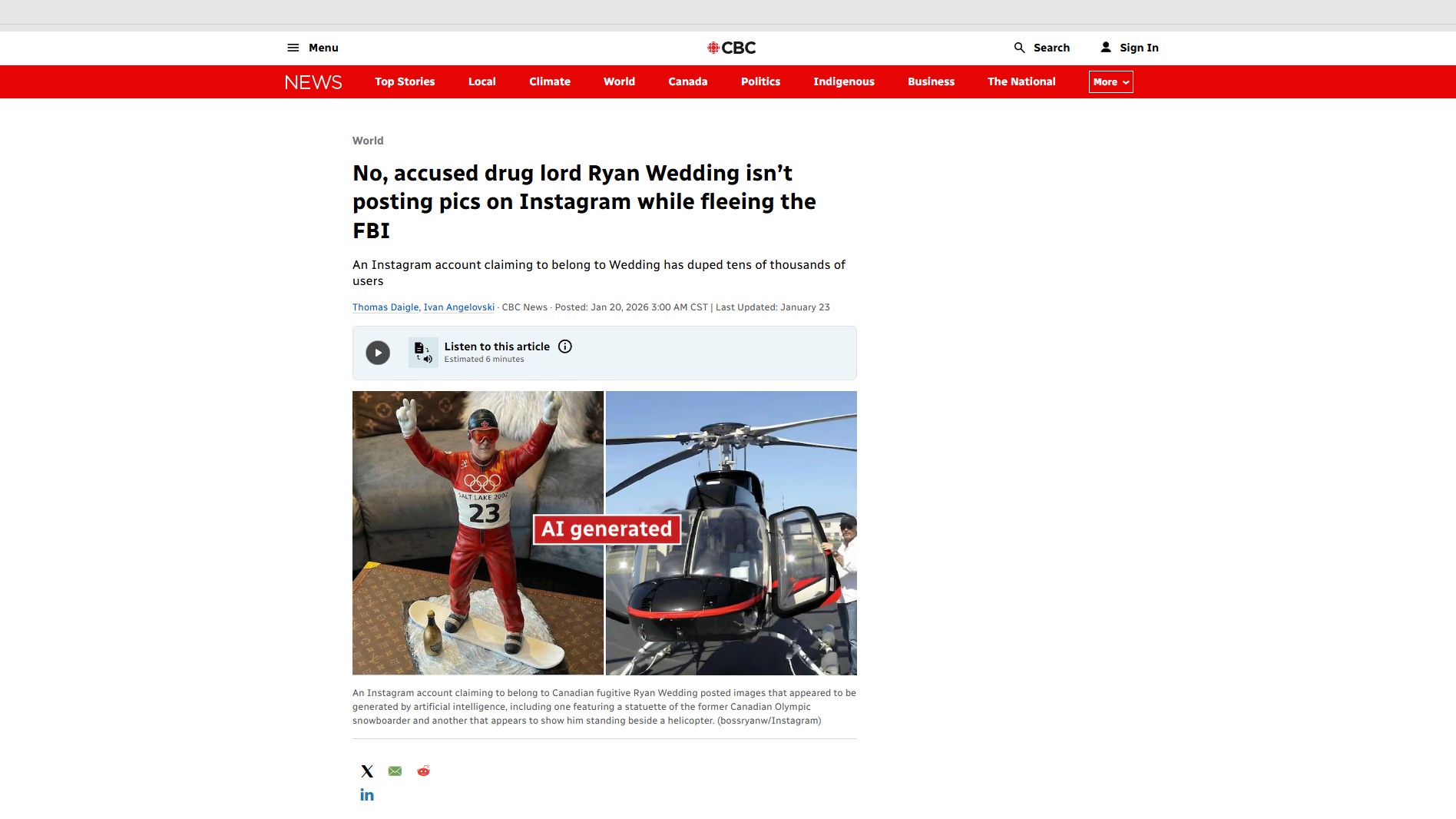 Captura de pantalla del texto de CBC del 20 de enero sobre Wedding.