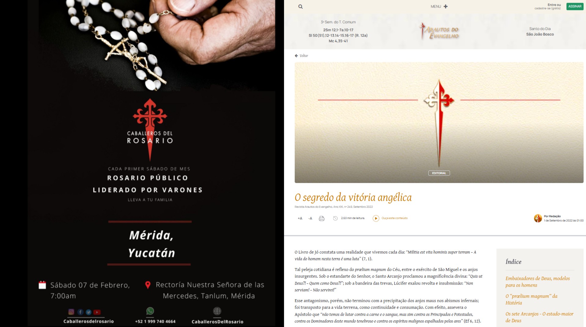 To the left, a poster in Spanish to rally attendance to a “male-led“ rosary in Mérida, Yucatán, Mexico. To the right, a Portuguese piece published on the Heralds of Gospel website. Notice the similarities in the fleur-de-lis design of both crosses. 