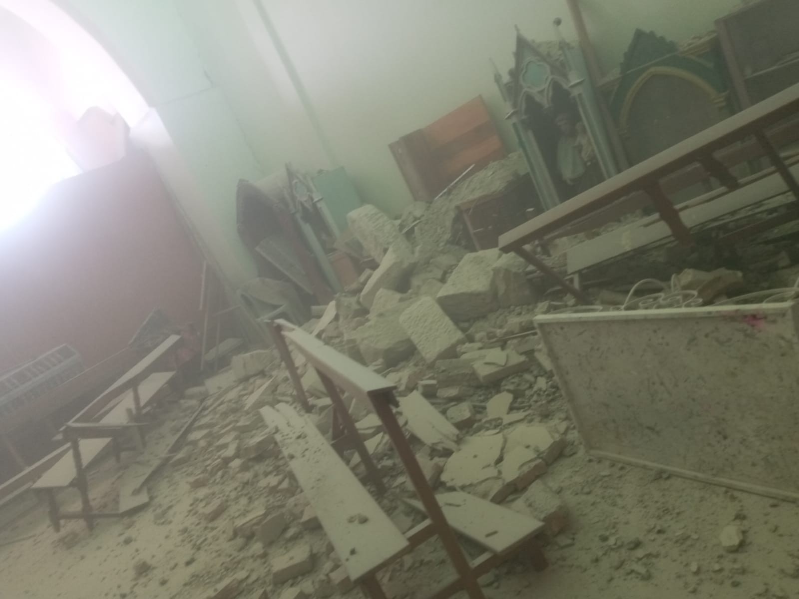 The severe damage inside the parish of Urdaneta, Loja, Ecuador, after the 2023 earthquake. From the diocese of Loja social media. 