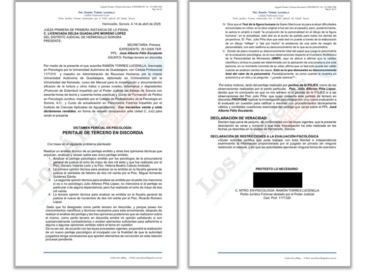 Primera y última página del Peritaje Tercero en Discordia en favor de José Alberto Félix Escalante. Los Ángeles Press tuvo acceso al Protocolo de Estambul completo, que forma parte del expediente y fue revisado íntegramente para este reportaje.