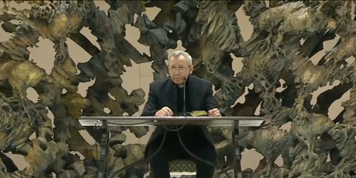 Marko Rupnik, Slovenian former Jesuit presides over a Lent meditation at the Paul VI Hall in Vatican City, February 22, 2016. Screengrab from the Vatican Media video @ www.youtube.com/watch?v=xD9g4UL8Pts 