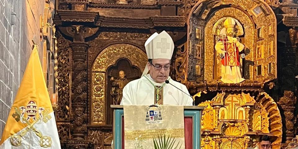 Now emeritus bishop of Juli, Peru, Ciro Quispe López, presides a Mass at his cathedral on August 8, 2025, celebrating the anniversary of the diocese's erection, less than two months before his resignation. From his former diocese's social media. 