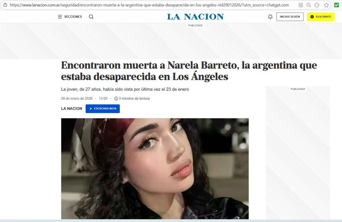 Una de las dos portadas de La Nación que dedicó al caso sin verificación con fuentes oficiales, sin ofrecer enlaces a documentos ni números de caso, ni indicar qué autoridad lo confirmó directamente.