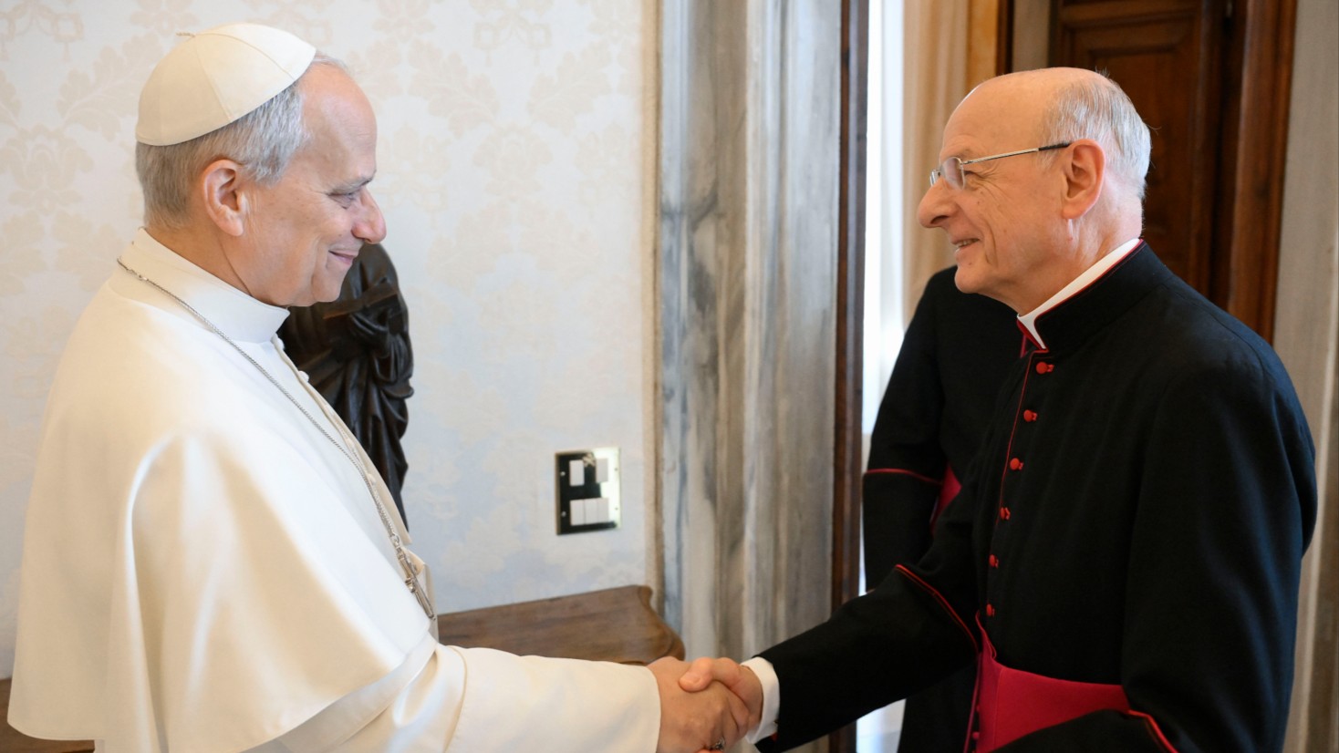 Pope Leo XIV greets monsignor Fernando Ocáriz Braña, moderator of Opus Dei at the Apostolic Palace, February 16, 2026. Opus Dei social media. 