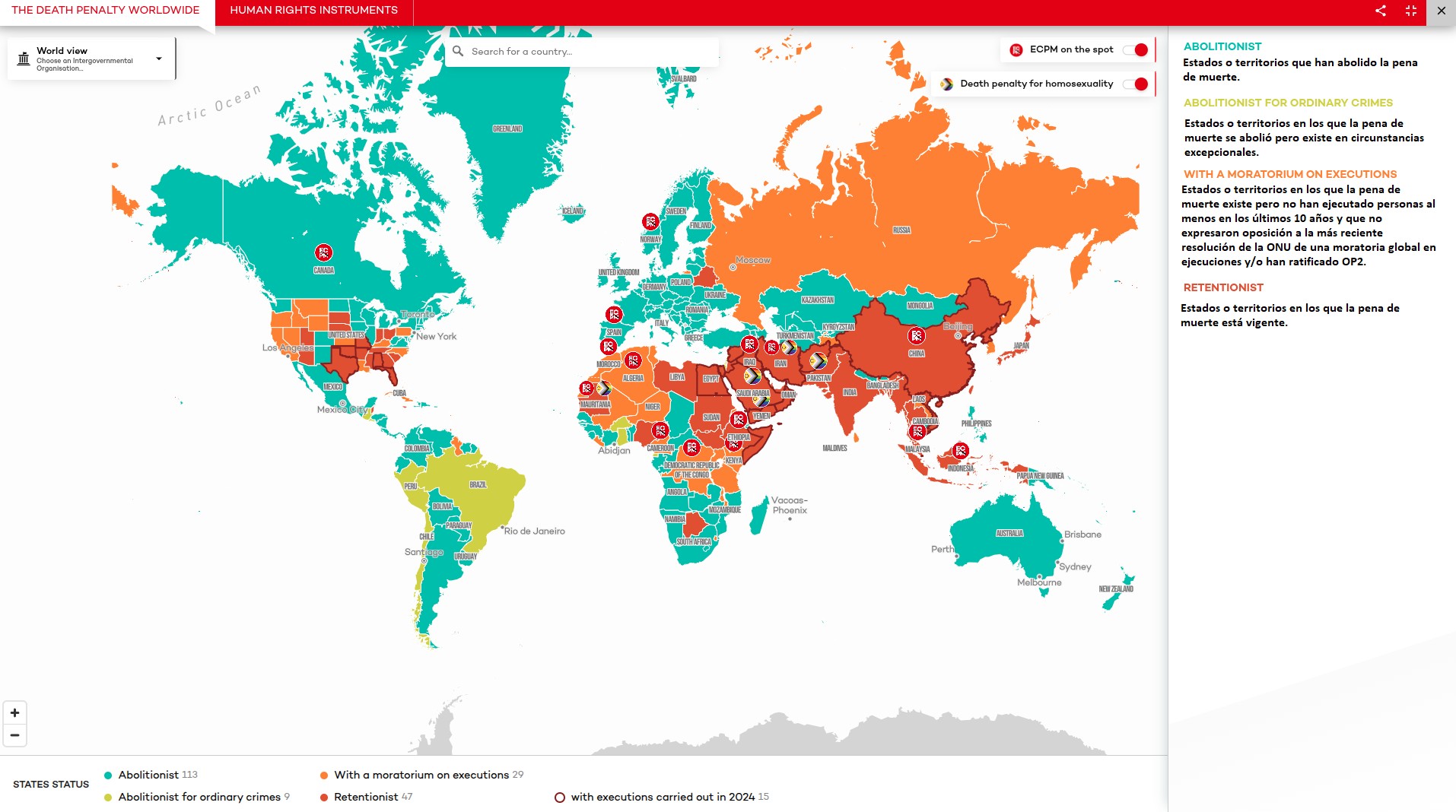 Mapa con la situación de la pena de muerte en distintas jurisdicciones en todo el mundo. El original está disponible en www.ecpm.org/en/worldmap/.