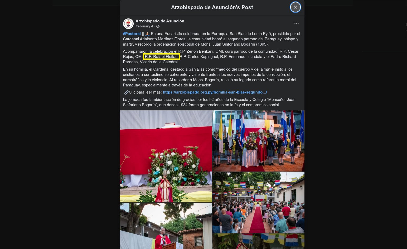 Una captura de pantalla del mensaje publicado en Facebook por el arzobispado de Asunción, el 4 de febrero de 2026. Destacado en amarillo, el nombre de Rafael Fleitas López.