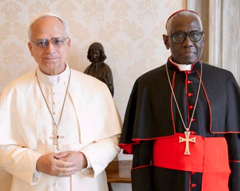 El papa León XIV y el cardenal Robert Sarah. Imagen compartida por la cuenta de Sarah en Facebook, 24 de septiembre de 2025, sin crédito.