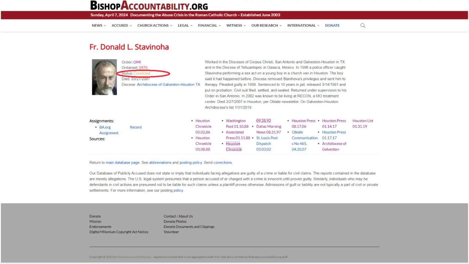 Captura de pantalla de la entrada dedicada a Donald L. Stavinoha en Bishop Accountability. Destacada su condición como depredador sexual convicto en Texas. Captura de pantalla de la entrada dedicada a Donald L. Stavinoha en Bishop Accountability. Destacada su condición como depredador sexual convicto en Texas.