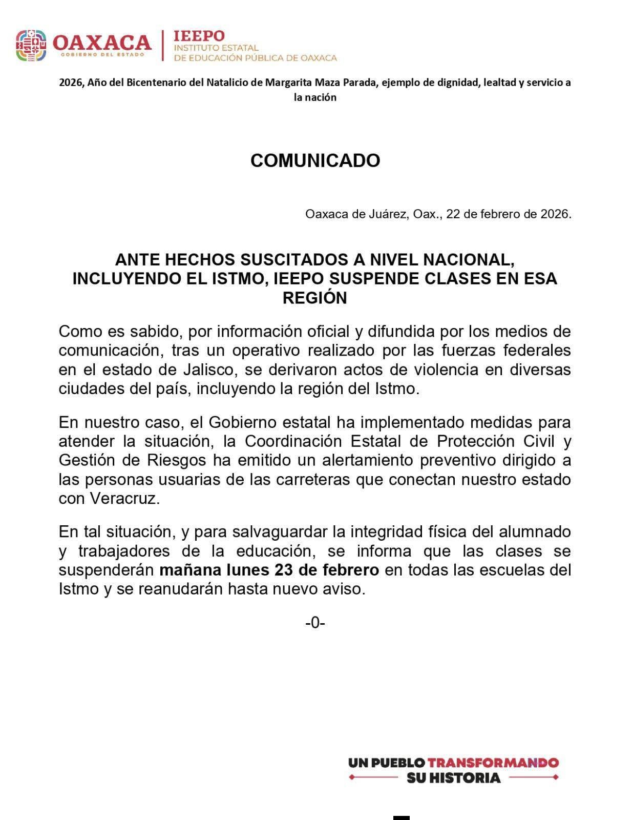 Comunicado del IEEPO, la autoridad educativa en Oaxaca, anuncia la cancelación de clases el 23 de febrero de 2026. El día después del operativo militar en que supuestamente murió Nemesio Oseguera en Jalisco, a más 820 kilómetros de Oaxaca capital. Redes sociales del gobierno de Oaxaca. Comunicado del IEEPO, la autoridad educativa en Oaxaca, anuncia la cancelación de clases el 23 de febrero de 2026. El día después del operativo militar en que supuestamente murió Nemesio Oseguera en Jalisco, a más 820 kilómetros de Oaxaca capital. Redes sociales del gobierno de Oaxaca.