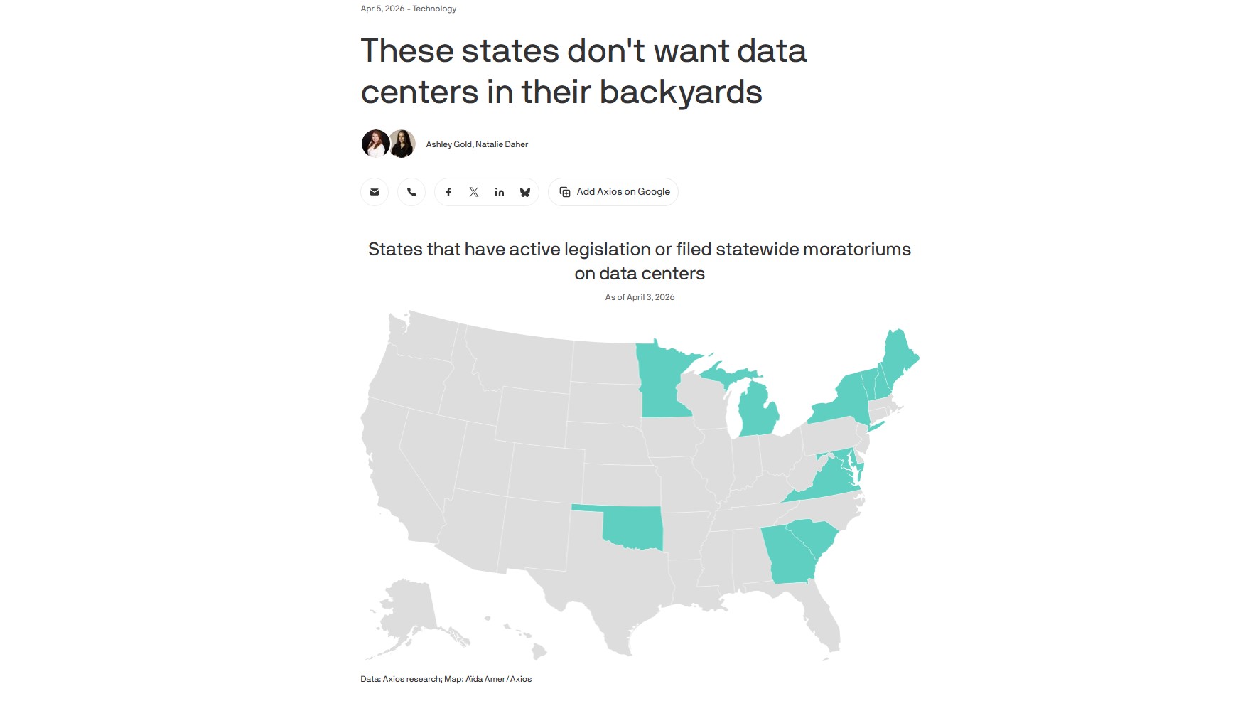 El mapa de Axios con los once estados que en Estados Unidos repudian las inversiones en centros de datos.
