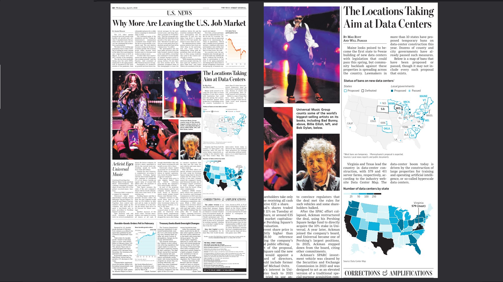 Los mapas y texto que publico The Wall Street Journal el 8 de abril sobre la negativa de estados y condados de Estados Unidos a recibir centros de datos en su territorio.