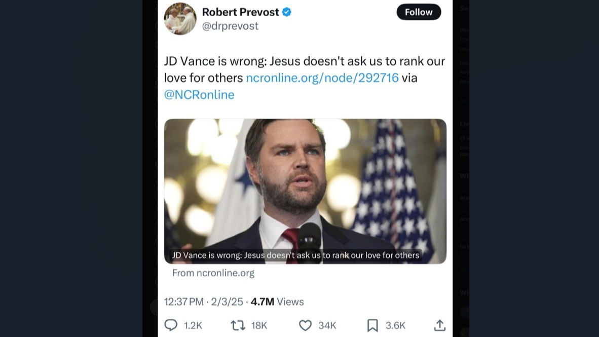 A now-deleted tweet from Cardinal Robert Prevost rebuking JD Vance’s take on Ordo Amoris, February 3, 2025. 