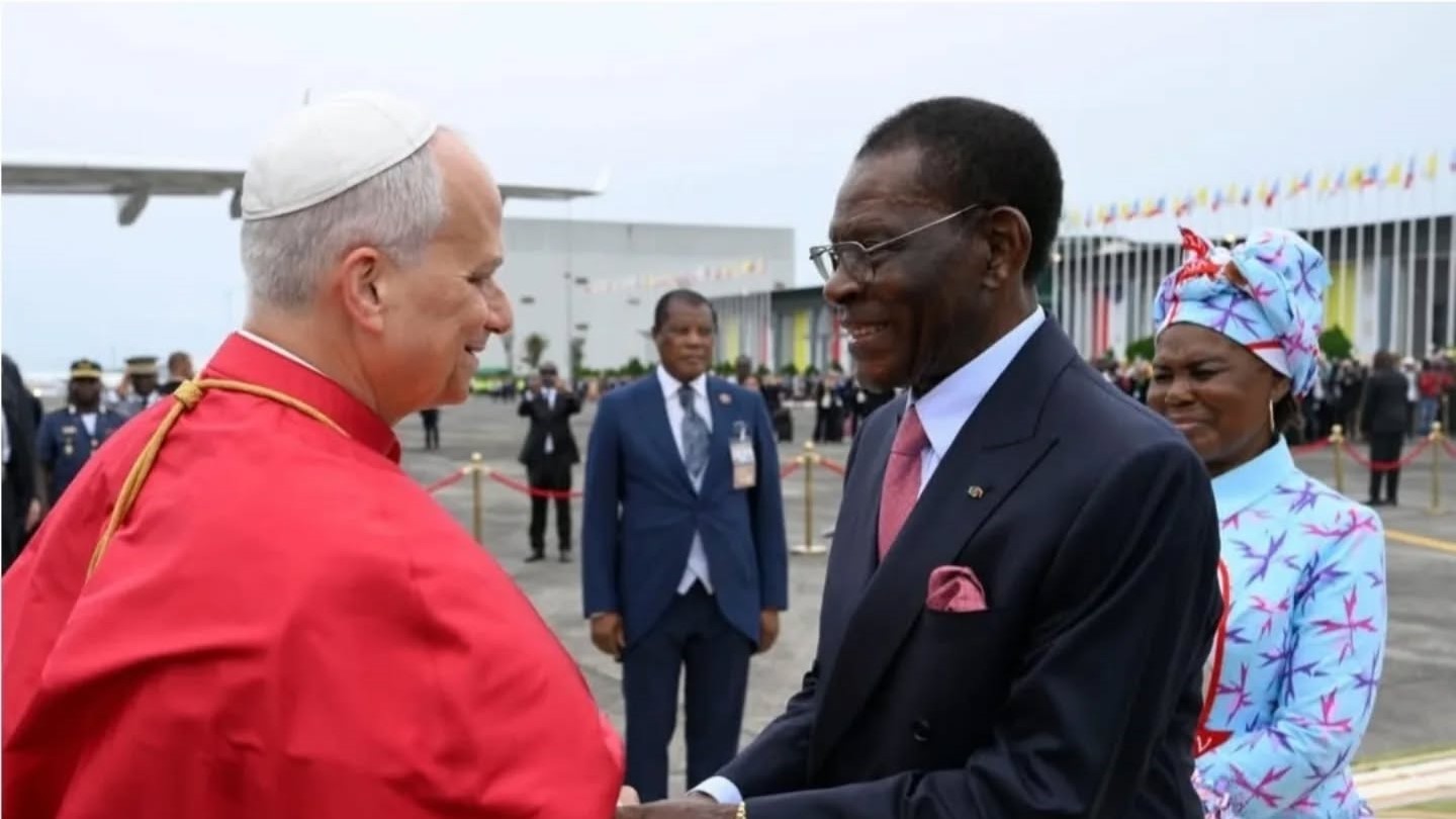 Teodoro Obiang Nguema, President of Equatorial Guinea, greets Pope Leo XIV during the official reception ceremony, April 21, 2026. Picture distributed over Equatorial Guinea government's social media accounts. Teodoro Obiang Nguema, President of Equatorial Guinea, greets Pope Leo XIV during the official reception ceremony, April 21, 2026. Picture distributed over Equatorial Guinea government's social media accounts.