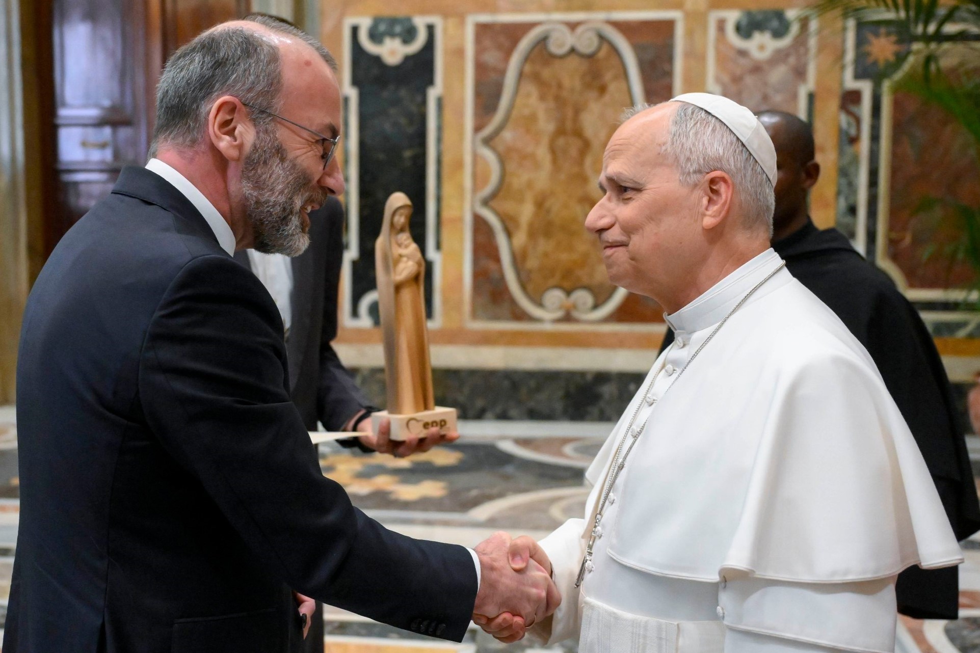Pope Leo XIV greets Manfred Weber, German leader of the European People's Party Parliamentary Group, during an April 25, 2026 meeting at the Vatican. Vatican Media via Weber's social media. Pope Leo XIV greets Manfred Weber, German leader of the European People's Party Parliamentary Group, during an April 25, 2026 meeting at the Vatican. Vatican Media via Weber's social media.