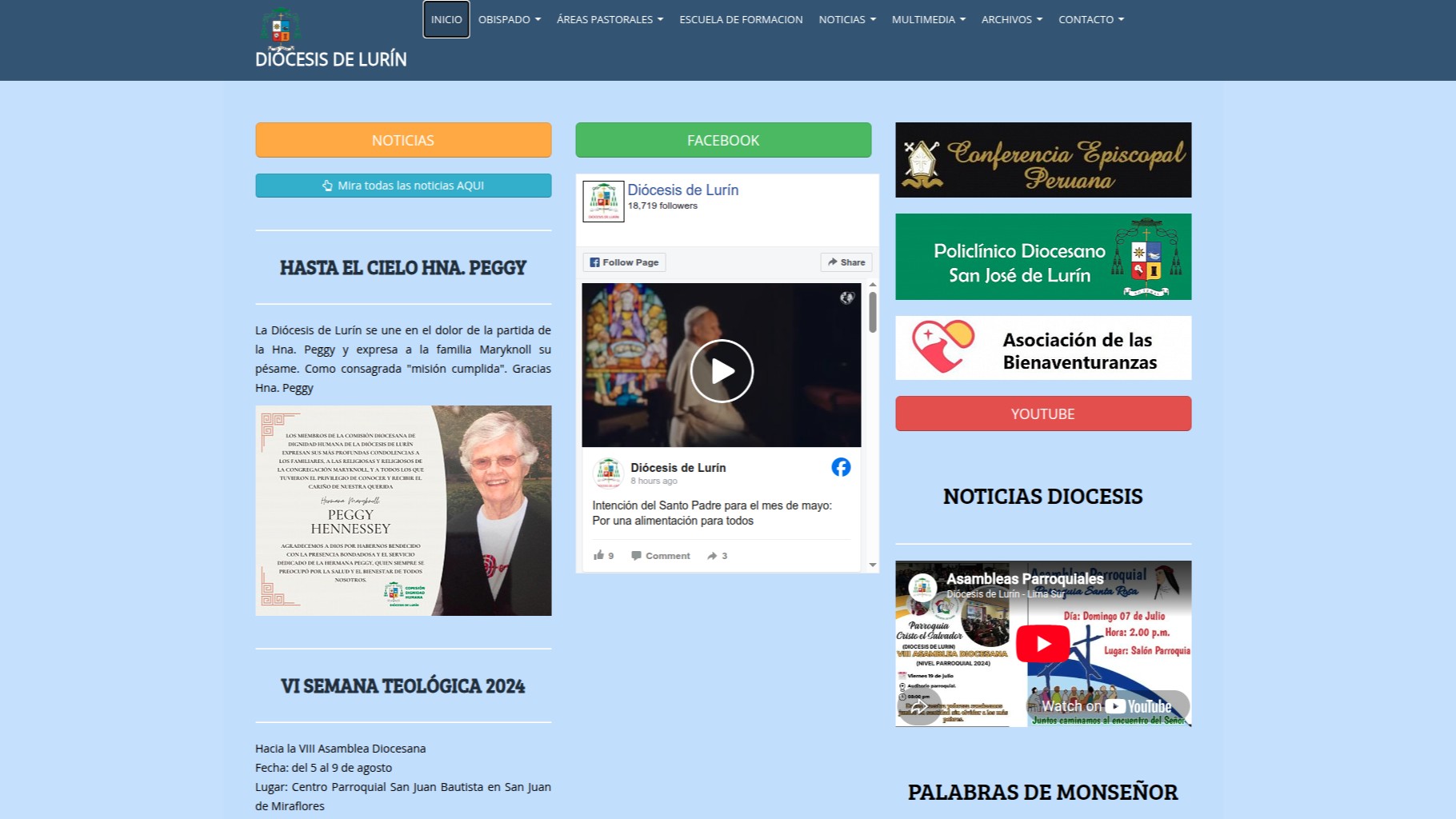 Captura de pantalla del sitio web de la diócesis de Lurín, Perú. Nótese en la tercera columna el “botón“ que vincula al sitio de la Asociación de las Bienaventuranzas. La URL en el cuerpo del texto.
