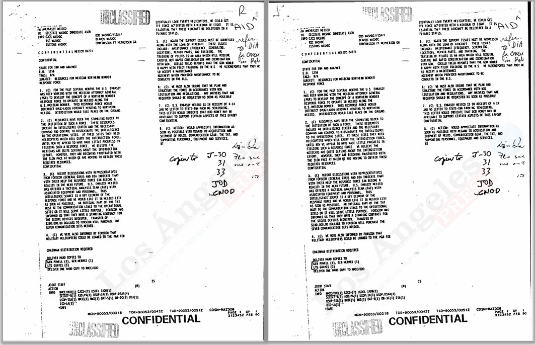 Cable desclasificado de la Embajada de Estados Unidos en México, fechado el 9 de enero de 1990. El archivo muestra que Washington ya trabajaba con la PGR en el diseño de una Fuerza de Respuesta de la Frontera Norte, con apoyo de inteligencia, comunicaciones seguras, entrenamiento, helicópteros y recursos operativos para interceptar aeronaves vinculadas al narcotráfico. Cable desclasificado de la Embajada de Estados Unidos en México, fechado el 9 de enero de 1990. El archivo muestra que Washington ya trabajaba con la PGR en el diseño de una Fuerza de Respuesta de la Frontera Norte, con apoyo de inteligencia, comunicaciones seguras, entrenamiento, helicópteros y recursos operativos para interceptar aeronaves vinculadas al narcotráfico.