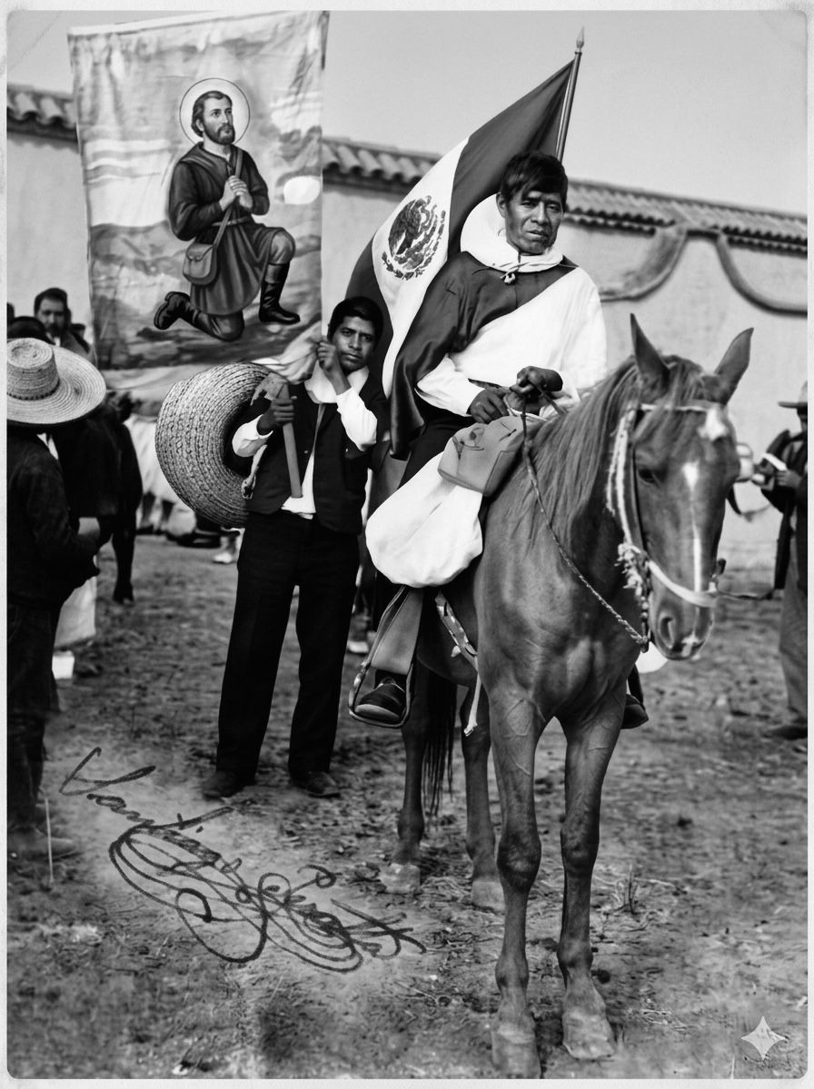 A caballo, Santiago Peralta Rojas, promotor del primer Paseo de San Isidro, cuyo estandarte aparece a espaldas de Peralta Rojas, 1901. Foto propiedad de la familia Lara Peralta.