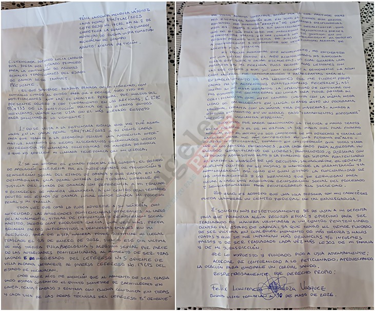 Carta de Félix Mendoza Vázquez con fecha del 10 de mayo de 2026. Carta de Félix Mendoza Vázquez con fecha del 10 de mayo de 2026.