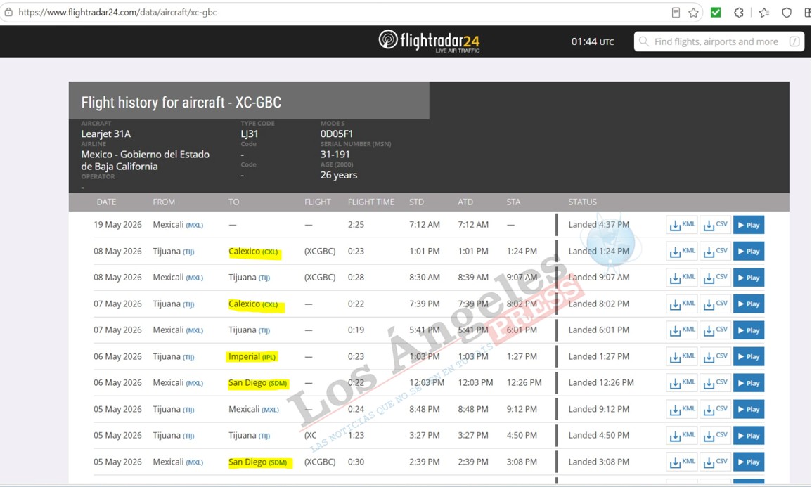 Historial de Flightradar24 de la aeronave XC-GBC, Learjet 31A del Gobierno de Baja California, con vuelos registrados entre marzo, abril y mayo de 2026. Los Ángeles Press Historial de Flightradar24 de la aeronave XC-GBC, Learjet 31A del Gobierno de Baja California, con vuelos registrados entre marzo, abril y mayo de 2026. Los Ángeles Press