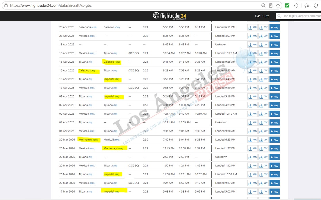 Historial de Flightradar24 de la aeronave XC-GBC, Learjet 31A del Gobierno de Baja California, con vuelos registrados entre marzo, abril y mayo de 2026. Los Ángeles Press Historial de Flightradar24 de la aeronave XC-GBC, Learjet 31A del Gobierno de Baja California, con vuelos registrados entre marzo, abril y mayo de 2026. Los Ángeles Press