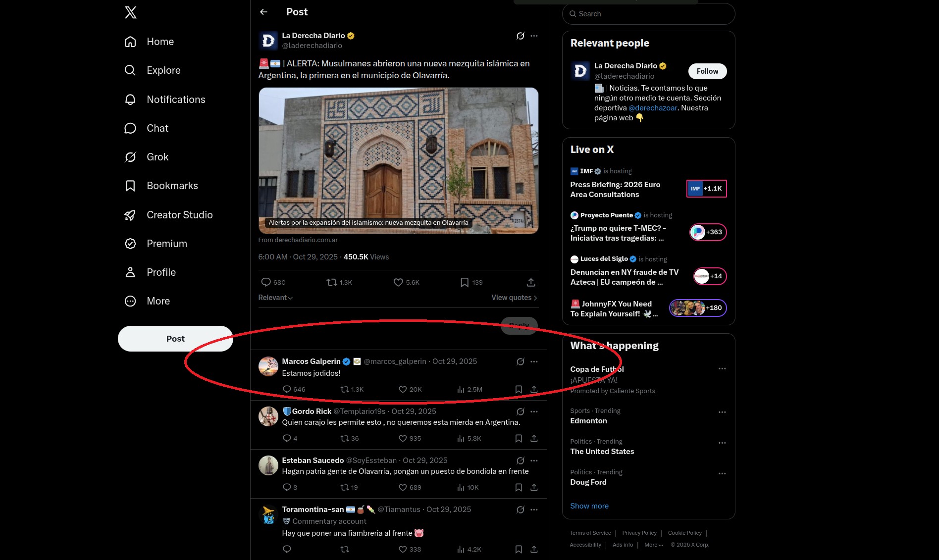 Captura de pantalla. Se destaca la respuesta de Marcos Galperín, dueño de Mercado Libre a una nota sobre la apertura de una mezquita en Argentina en 2025. Captura de pantalla. Se destaca la respuesta de Marcos Galperín, dueño de Mercado Libre a una nota sobre la apertura de una mezquita en Argentina en 2025.