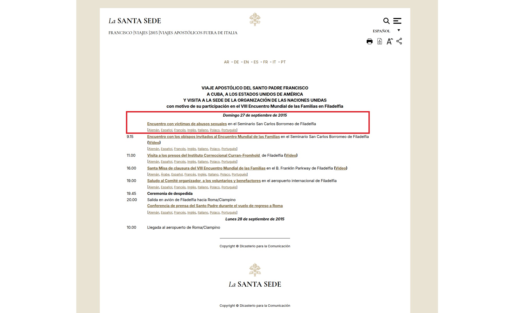 Captura de pantalla de la página con el itinerario oficial del viaje a Estados Unidos del papa Francisco, 2015. Disponible aquí.