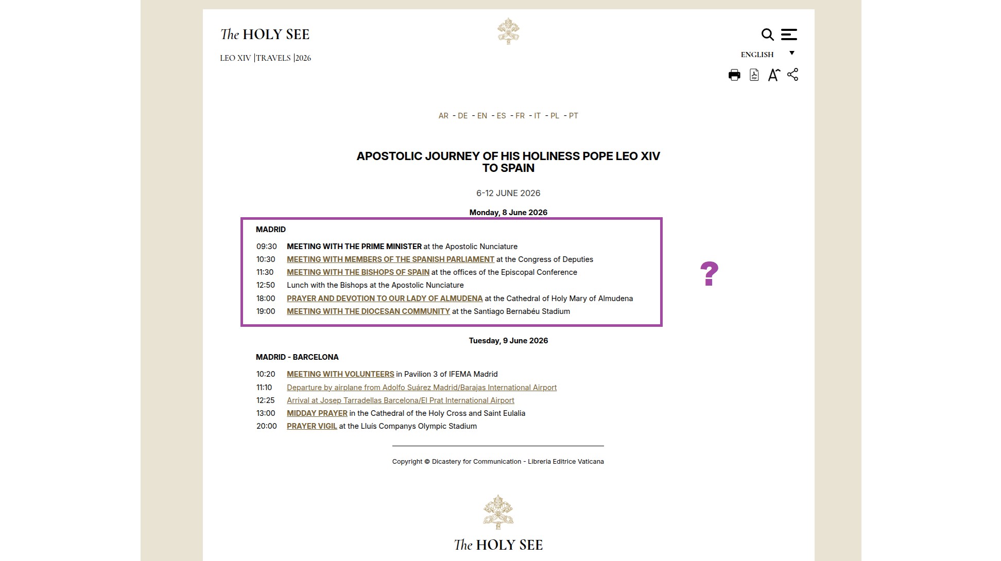 Screenshot of the page available at: https://www.vatican.va/content/leo-xiv/en/travels/2026/documents/spagna-6-12giugno2026.html