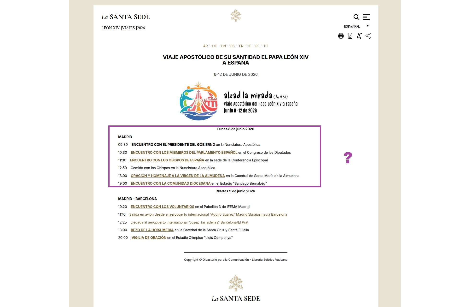 Captura de pantalla de la agenda del viaje de León XIV a España, disponible aquí.