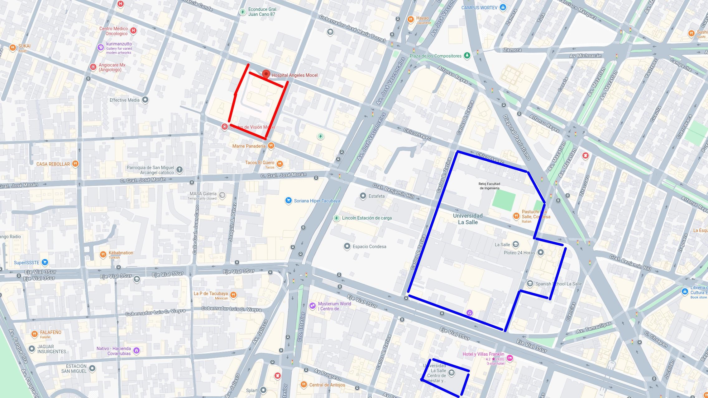 Destacados en azul marino aparecen algunos de los edificios que integran el campus de la Universidad La Salle cerca de la avenida Benjamin Franklin (Eje 3 Sur) en Ciudad de México. A la izquierda, en rojo, los edificios vinculados al Hospital Ángeles Mocel. Base: Google Maps. Destacados en azul marino aparecen algunos de los edificios que integran el campus de la Universidad La Salle cerca de la avenida Benjamin Franklin (Eje 3 Sur) en Ciudad de México. A la izquierda, en rojo, los edificios vinculados al Hospital Ángeles Mocel. Base: Google Maps.