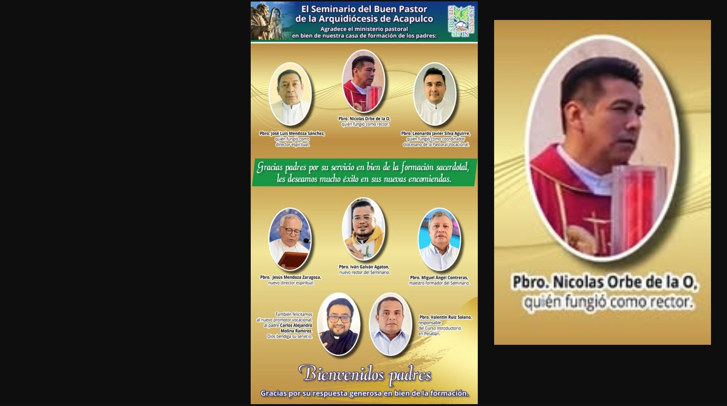 Una imagen publicada en las redes sociales de la arquidiócesis de Acapulco identifica a algunos de sus rectores y profesores. En la inserción a la derecha, una imagen de Nicolás Orbe de la O lo identifica como antiguo rector del seminario sin ofrecer fechas..