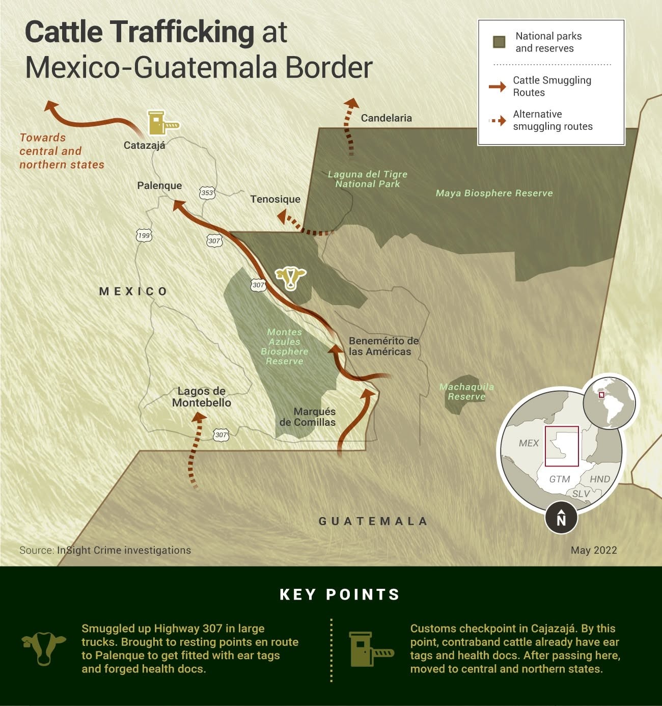 Mapa de Insight Crime con las rutas que seguía el ganado robado en Centroamérica rumbo al centro de México, publicado el 28 de diciembre de 2022. Dispnible en https://www.facebook.com/photo/?fbid=5656236881092517&set=a.555125616792086 Mapa de Insight Crime con las rutas que seguía el ganado robado en Centroamérica rumbo al centro de México, publicado el 28 de diciembre de 2022. Dispnible en https://www.facebook.com/photo/?fbid=5656236881092517&set=a.555125616792086