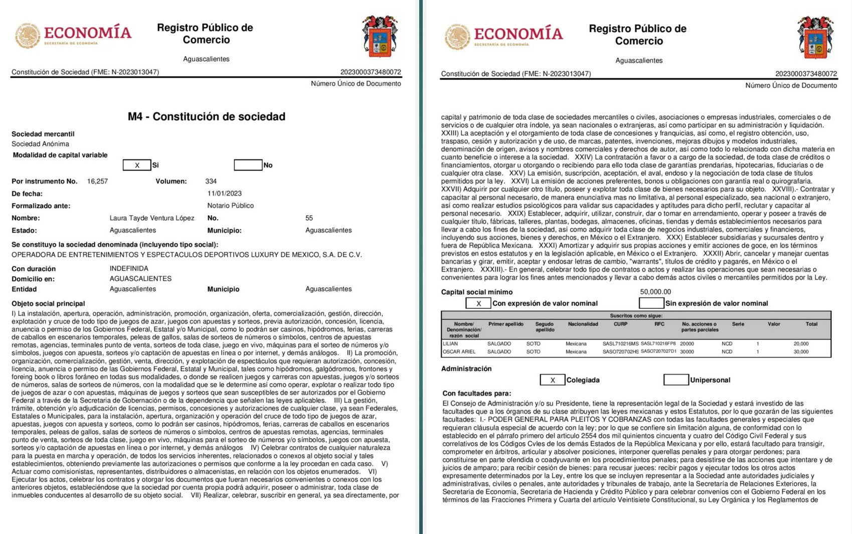 Registro público de la sociedad Operadora de Entretenimientos y Espectáculos Deportivos Luxury de México, SA de CV. Registro público de la sociedad Operadora de Entretenimientos y Espectáculos Deportivos Luxury de México, SA de CV.