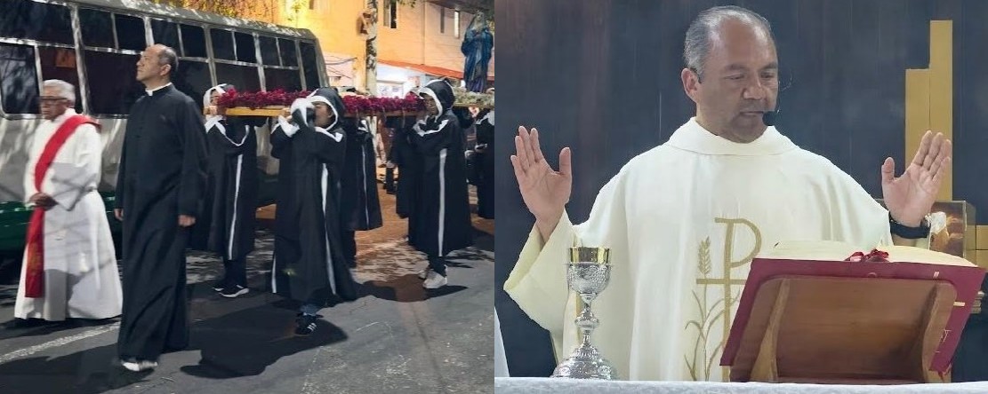 Enrique Esquivel Rodríguez on two images published on April 17, 2026 by the Saint Martin of Porres parish Facebook profile. On left, he presides a street procession. On the right, he presides a Mass. Enrique Esquivel Rodríguez on two images published on April 17, 2026 by the Saint Martin of Porres parish Facebook profile. On left, he presides a street procession. On the right, he presides a Mass.