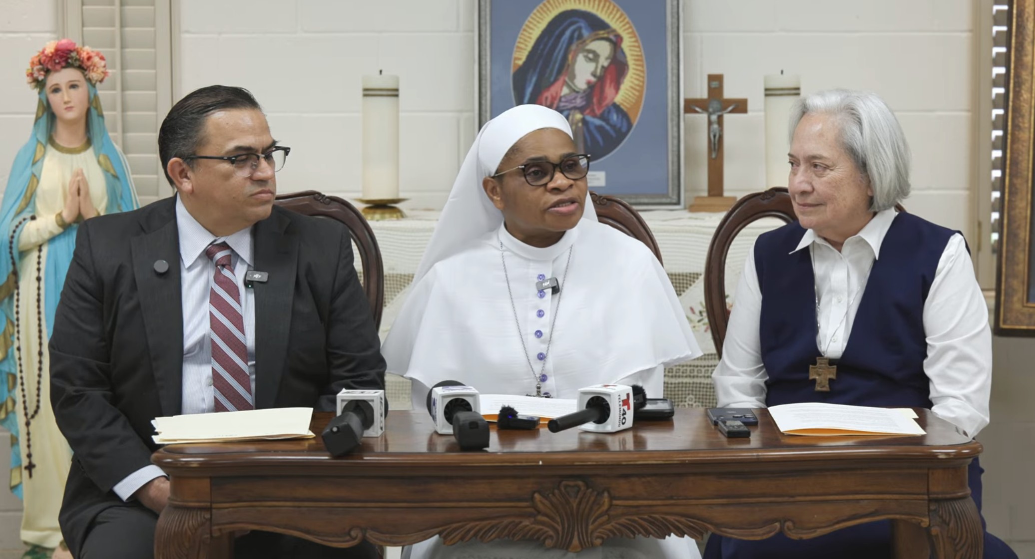 From left to right, Carlos Moctezuma García, Sister Leticia Ugboaja and Sister Norma Pimentel during a news conference where Moctezuma García, Ugboaja's attorney, briefed the media in McAllen, Texas, about her arrest. July 23, 2026. Screenshot of a video at the YouTube account of the Diocese of Brownsville. From left to right, Carlos Moctezuma García, Sister Leticia Ugboaja and Sister Norma Pimentel during a news conference where Moctezuma García, Ugboaja's attorney, briefed the media in McAllen, Texas, about her arrest. July 23, 2026. Screenshot of a video at the YouTube account of the Diocese of Brownsville.